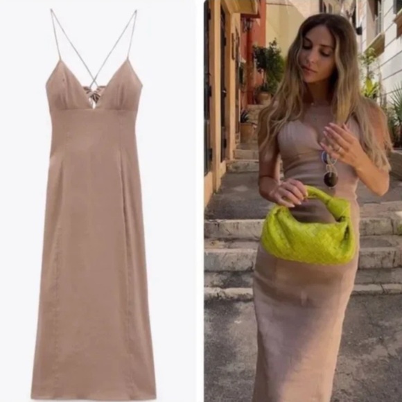 Zara Linen Blend Open Back Halter Tan Sleeveless Dress Size L  New - Picture 4 of 13